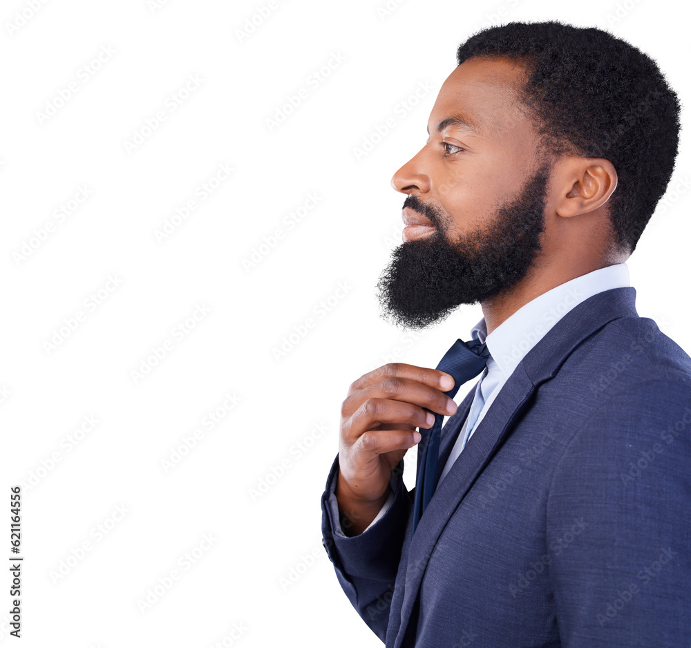 Confident, profile and businessman fixing tie before corporate company management meeting. Pride, su