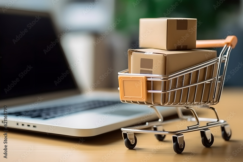 Product package boxes in cart with a shopping bag and laptop computer, for online shopping and deliv