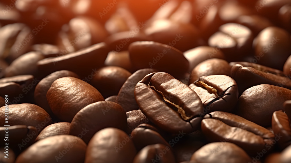 Clouse up roasted coffee beans background. full frame photograph of piled roasting coffee beans back