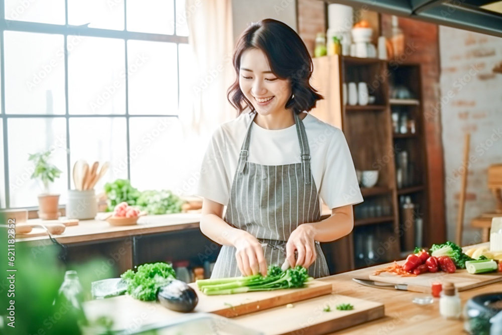 キッチンに立つ笑顔の女性（AI生成）