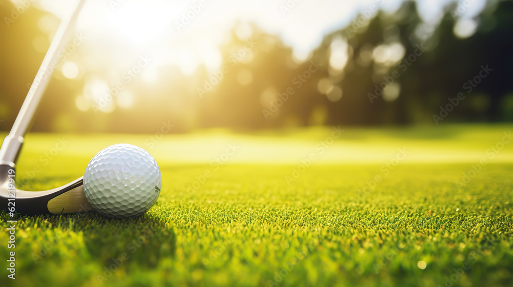 Golf club and golf ball on green grass background. Blurred backdrop. Outdoor sport on a sunny day. G