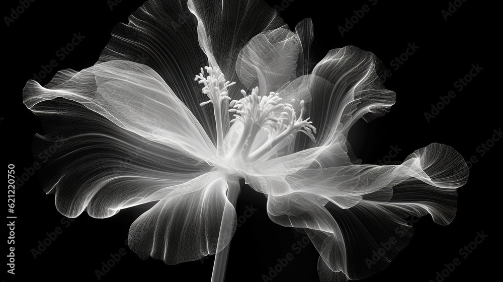 Monochrome x-ray image of a ethereal flower on black. Fantasy mystical blossom. Generative AI