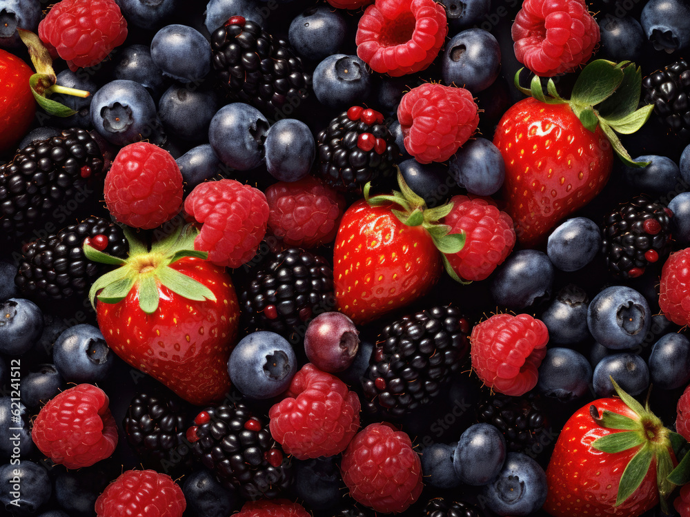 Colorful berries background of strawberries, raspberries, blueberries, currants