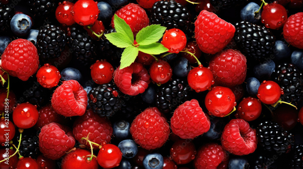 Colorful berries background of strawberries, raspberries, blueberries, currants