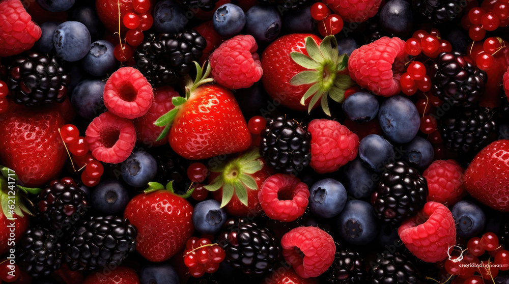 Colorful berries background of strawberries, raspberries, blueberries, currants