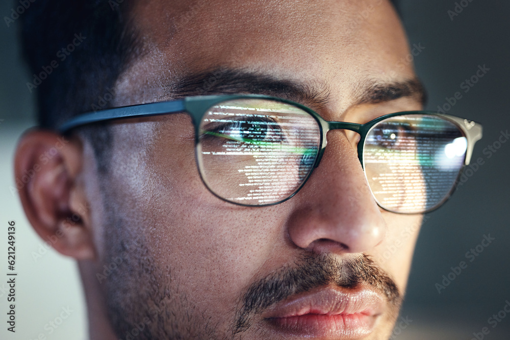 Glasses, man and reflection of programmer on computer working on software, code and data. IT, engine