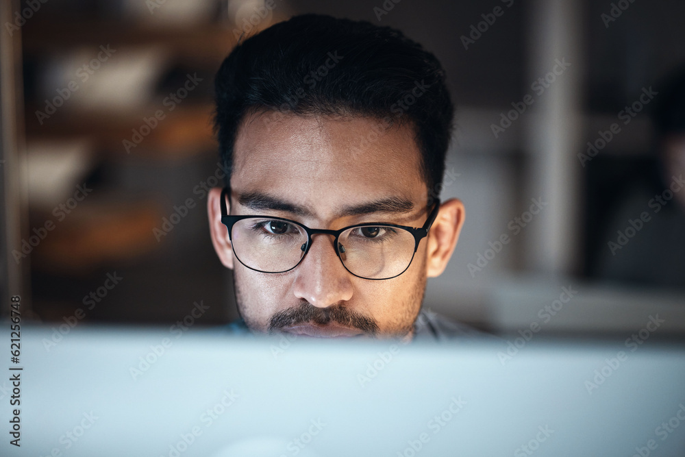 Computer, research and man in glasses for software development, night programming and cybersecurity.