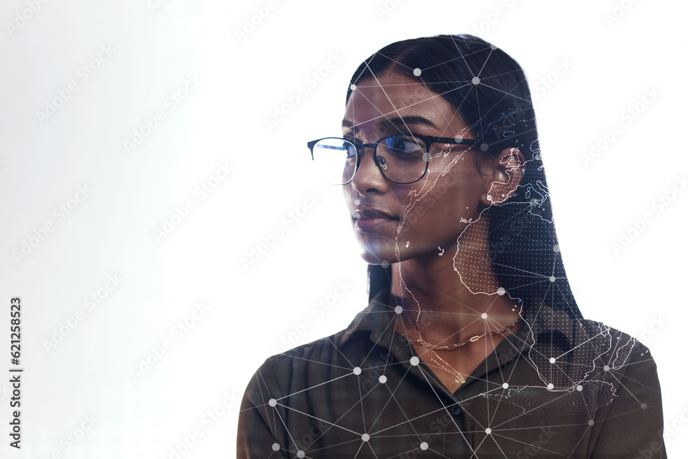 Woman, futuristic biometric hologram or facial recognition for cybersecurity, id or scan face for vi