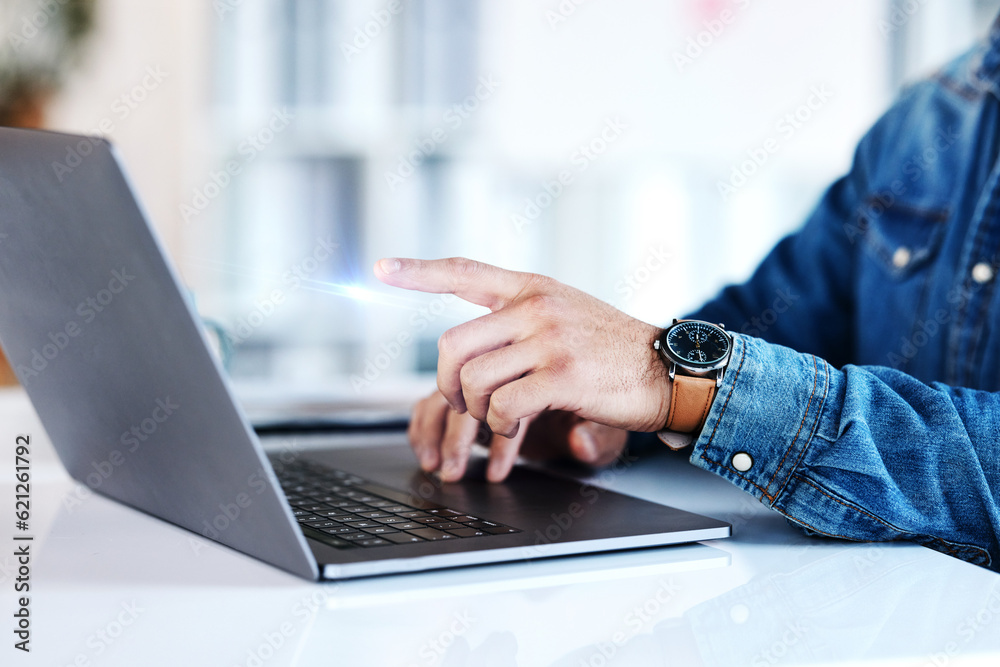 Laptop, schedule and hands of a planner working on a website, project or planning a strategy for a c