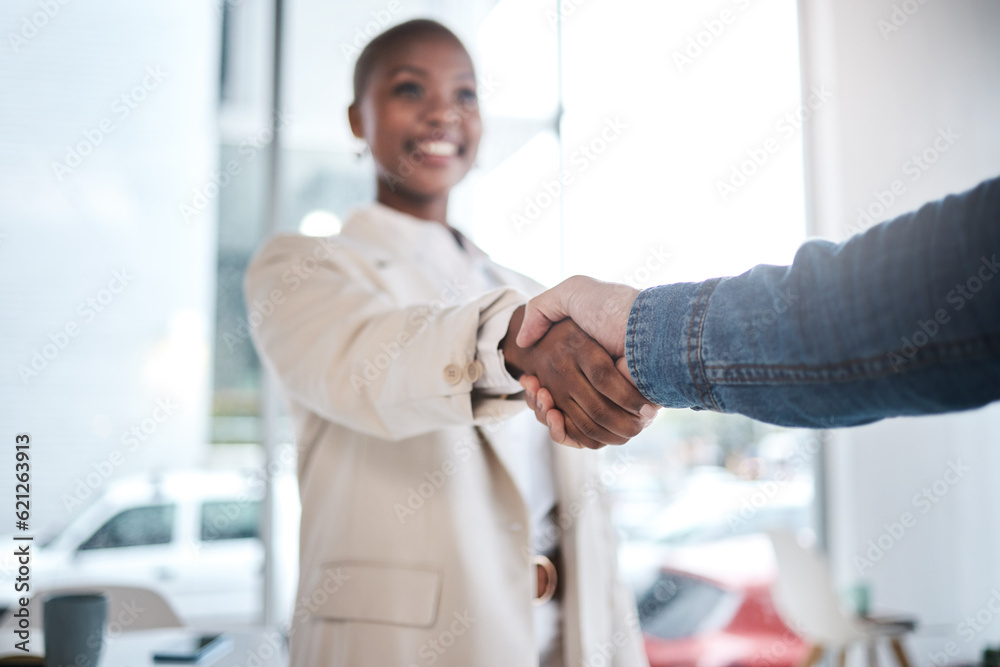 Black woman, handshake and meeting in partnership, support or trust for teamwork or unity at office.