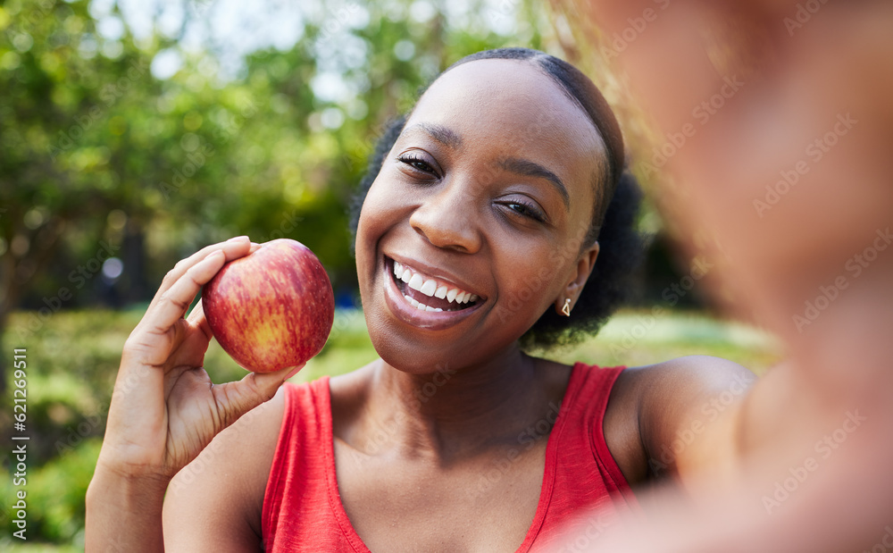 Apple, selfie and healthy black woman with a fruit on a farm with fresh produce in summer and smile 