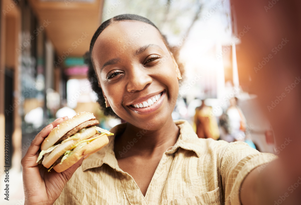 Burger, portrait and woman in selfie, city and restaurant outdoor promotion, social media and live s