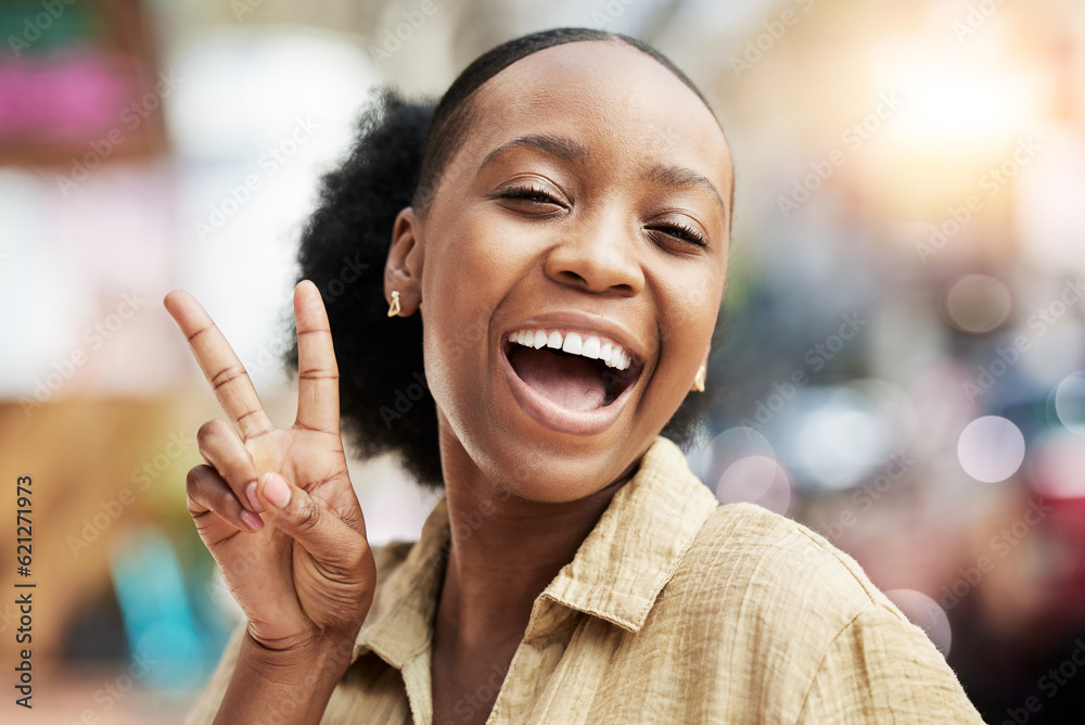 Portrait, smile and peace with an excited black woman on a blurred background posing for a photograp