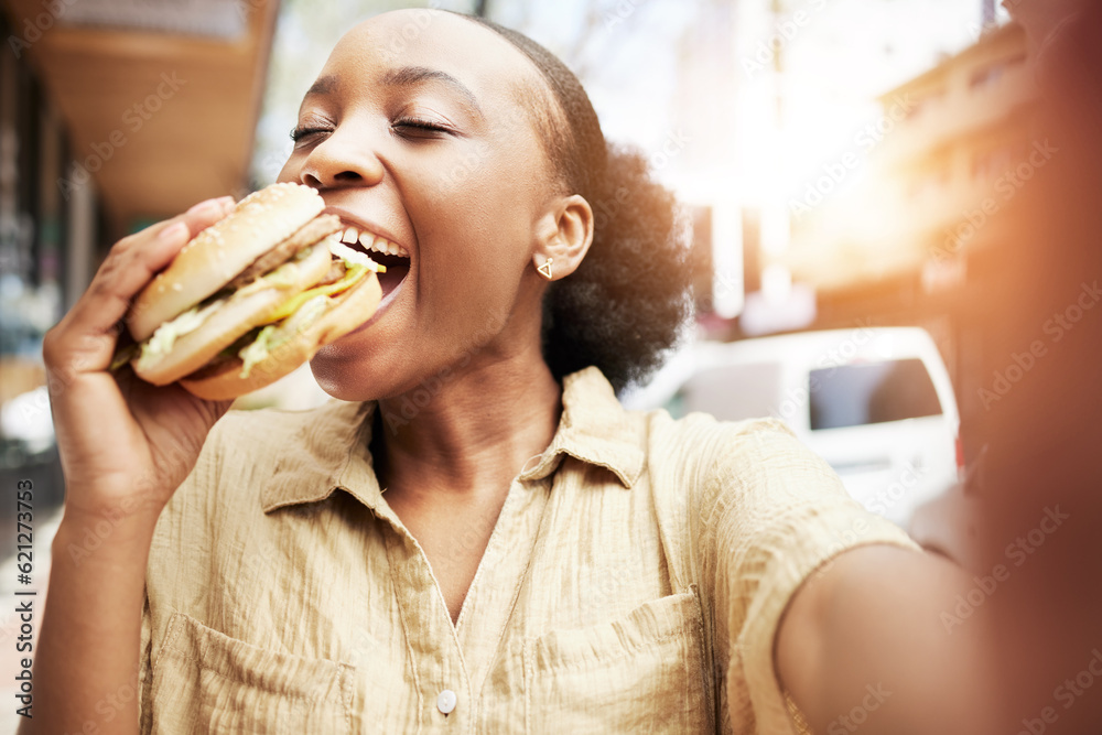 Burger, eating and black woman in selfie, city and restaurant for outdoor promotion, social media an