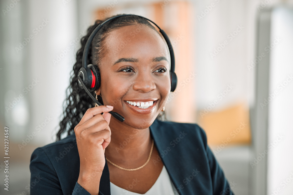 Business, telemarketing and black woman with a smile, call center and tech support with help. Female