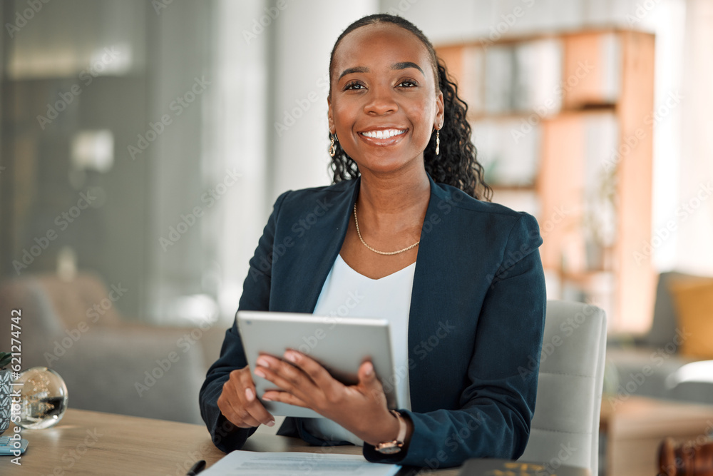 Lawyer, portrait and black woman with tablet in office for research, email and smile. African attorn