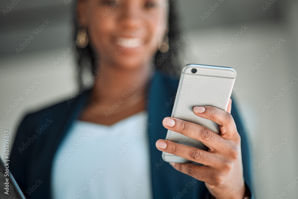 Phone, contact and woman accountant typing an email or online message on a mobile app, web or websit