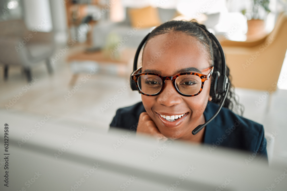 Remote work form home, call center and black woman with a smile, internet connection and help. Femal