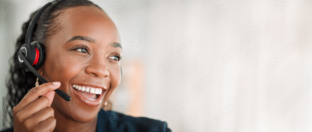 Thinking, telemarketing or black woman with a smile, customer service and internet connection with s