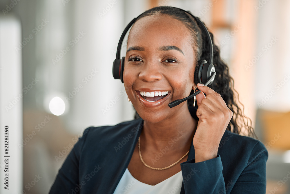 Portrait, telemarketing or black woman with a smile, customer service and internet connection with a