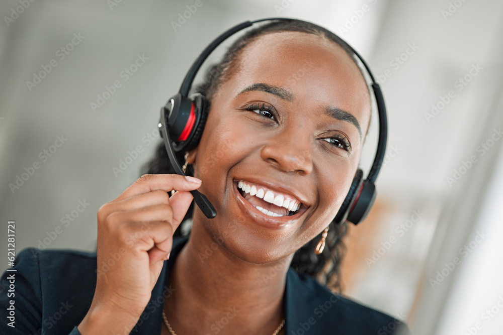 CRM, thinking and black woman with a smile, customer service and internet connection. Female person,