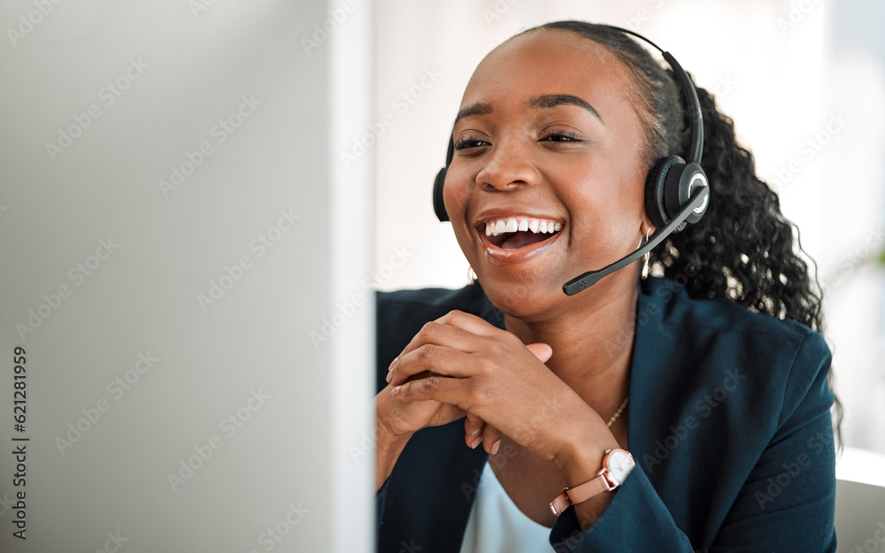 Funny, telemarketing and black woman with a smile, customer service and internet connection with hel