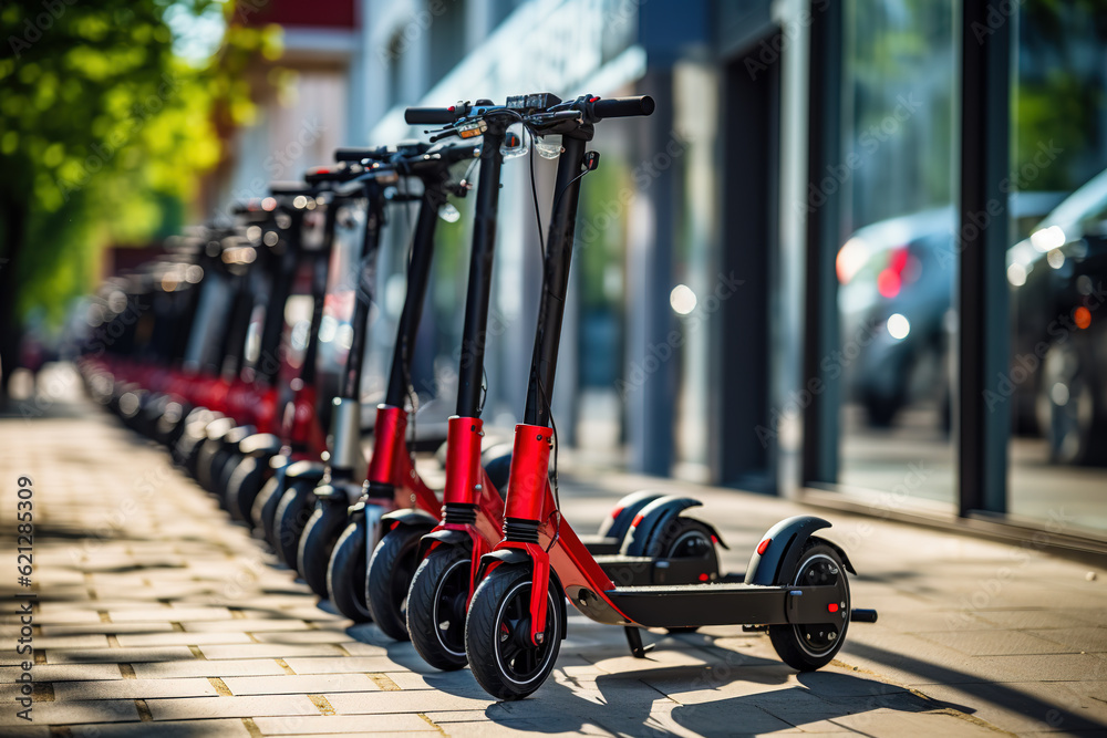 Electric urban transportation. Electric scooters waiting at the curb ready to be rented and driven a