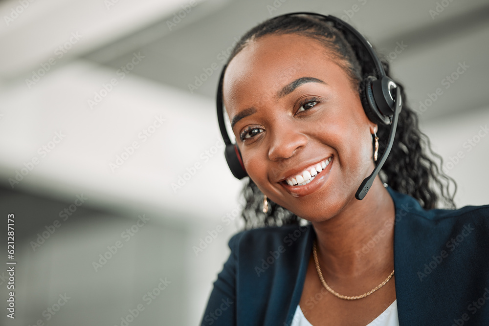 Portrait, telemarketing or black woman with a smile, call center or tech support with headphones. Fe