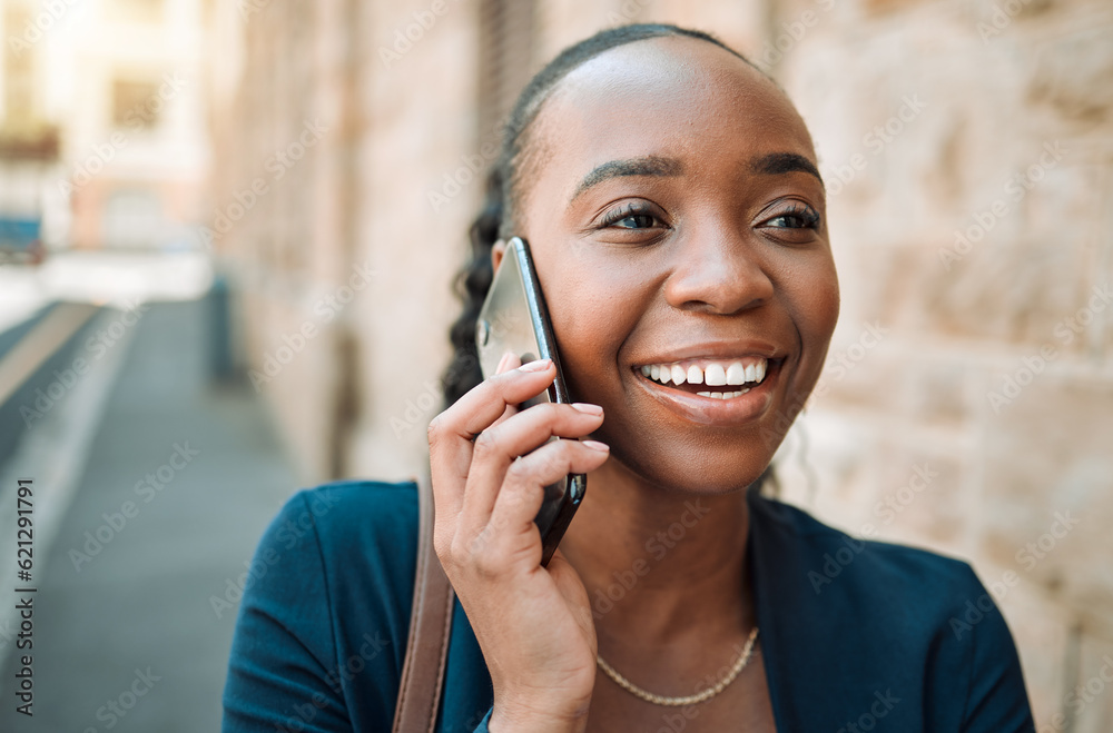 Happy black woman, phone call and walking in city for conversation or communication outdoors. Africa