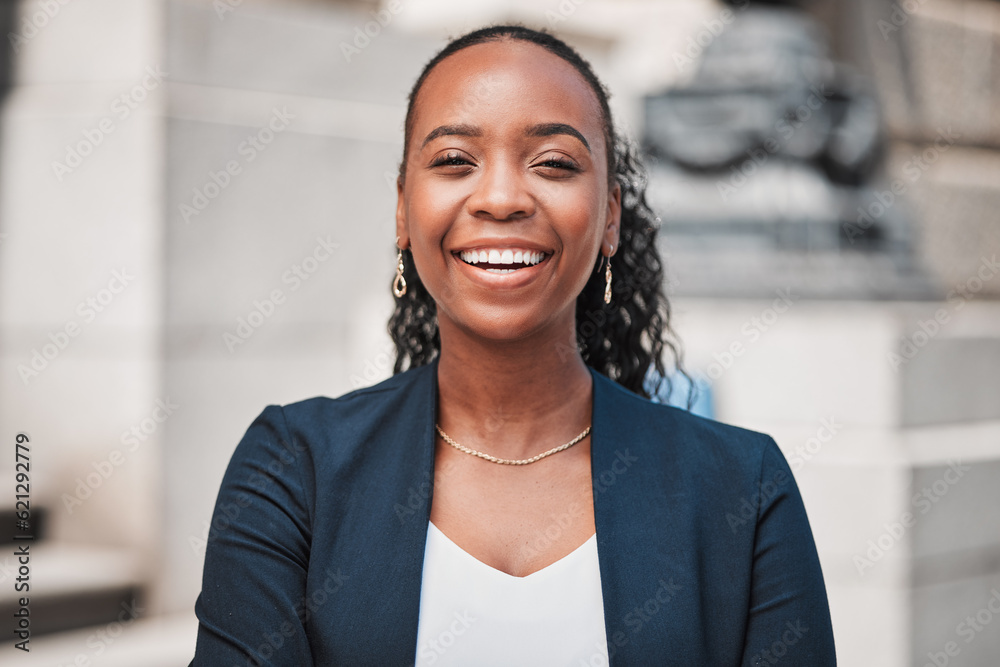 Laughing, lawyer or portrait of happy black woman with joy or confidence working in a law firm. Face