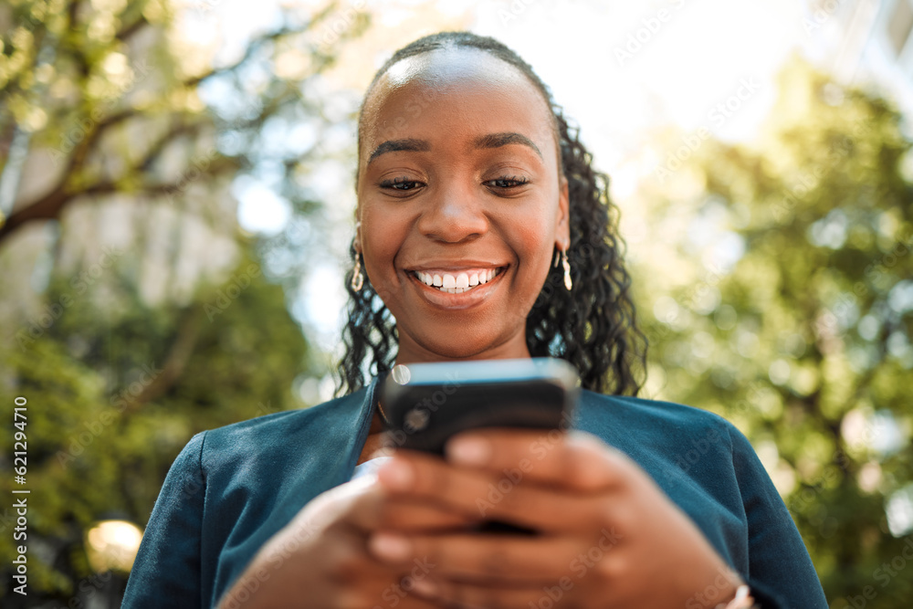 Smartphone, black woman typing outdoor with social media and chat online, communication and technolo