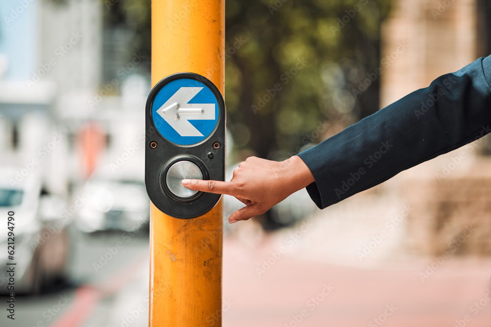 Woman, hands and arrow button on road in city for pedestrian crossing signal in safe travel outdoors