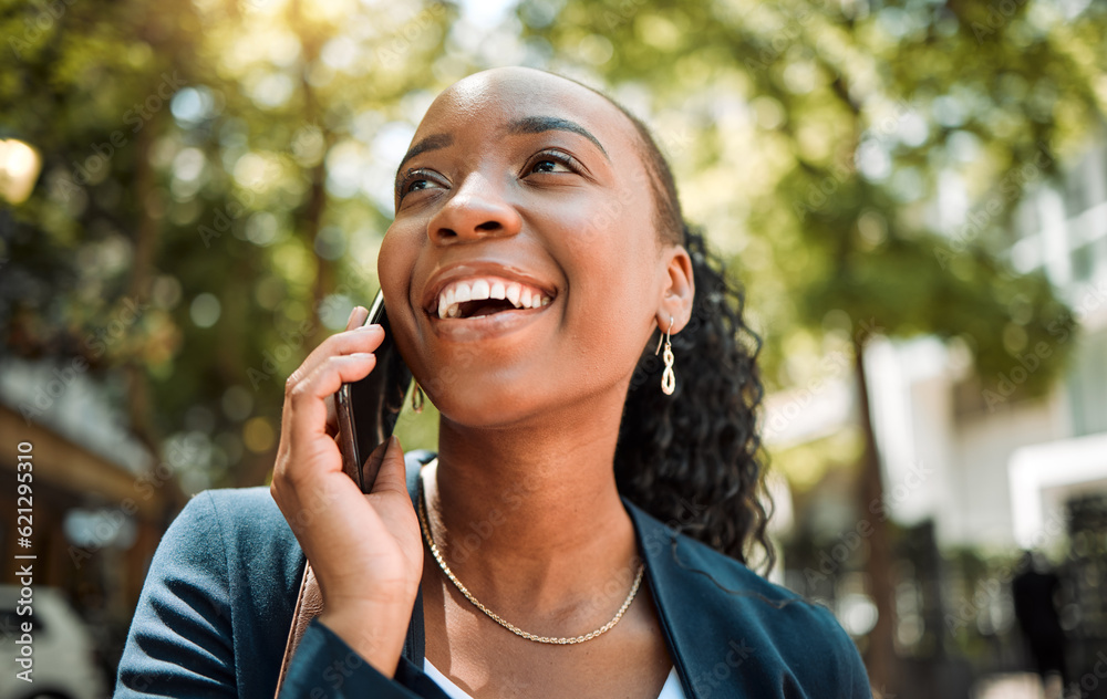 Happy, thinking and a black woman on a phone call in the city for communication, networking and chat