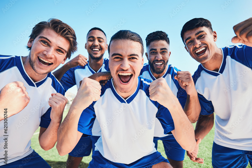 Soccer player, team portrait and celebration on field for winning, fist and together for training, g