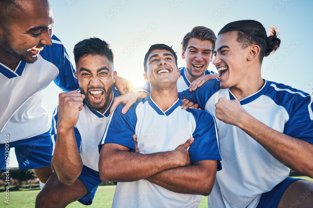 Win, football player and men celebrate together on a field for sports and fitness achievement. Happy