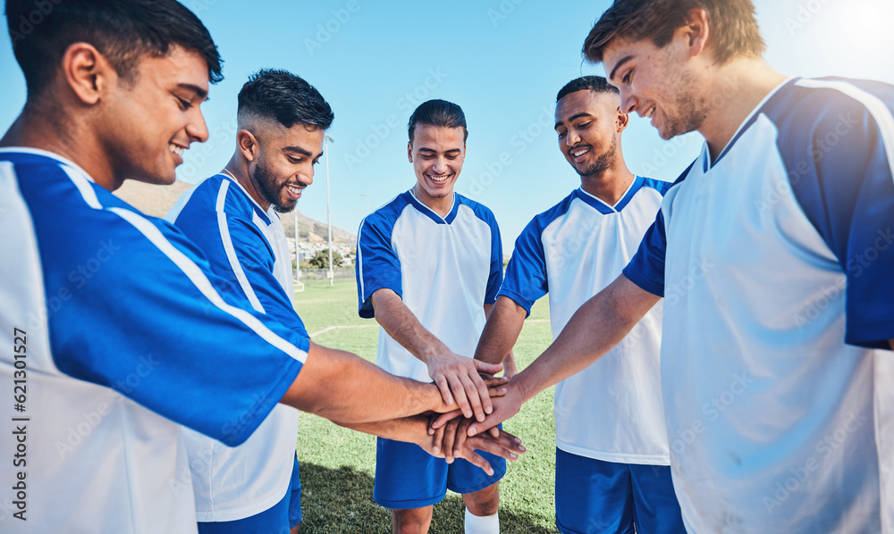 Fitness, circle and soccer team with their hands together for motivation, empowerment or unity. Spor