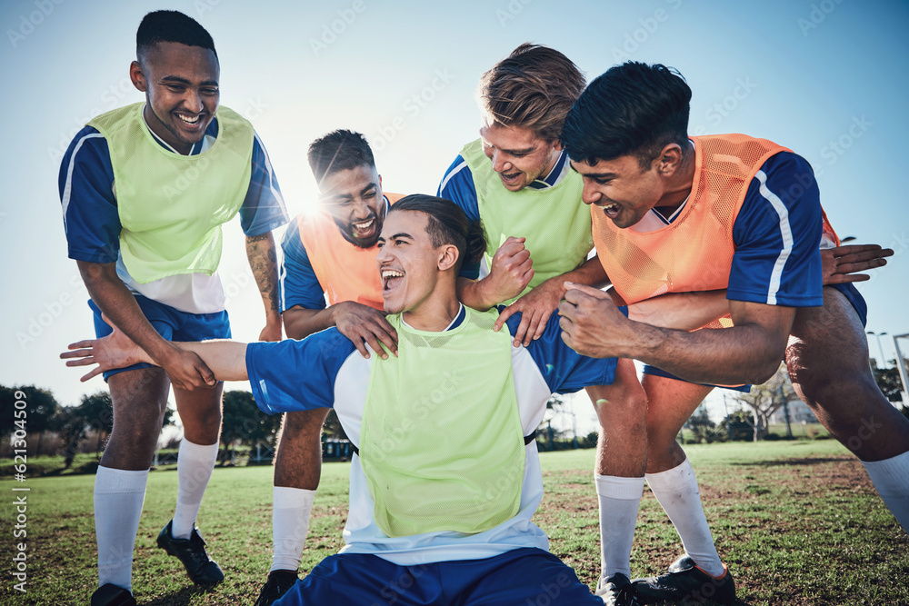 Football team, game and men celebrate together on a field for sports and fitness win. Happy male soc