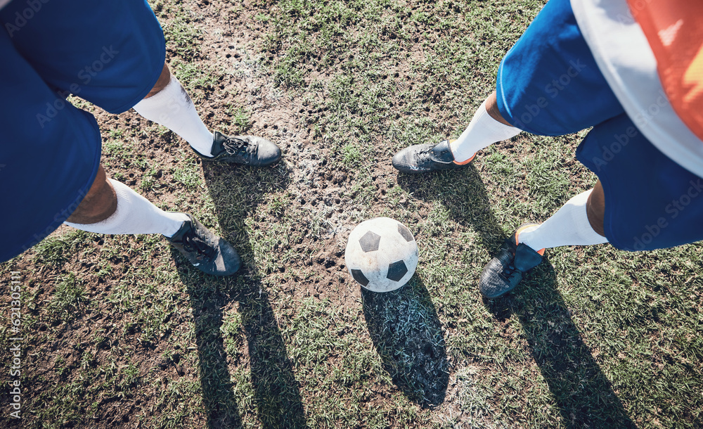 Legs, soccer and ball with a team ready for kickoff on a sports field during a competitive game from