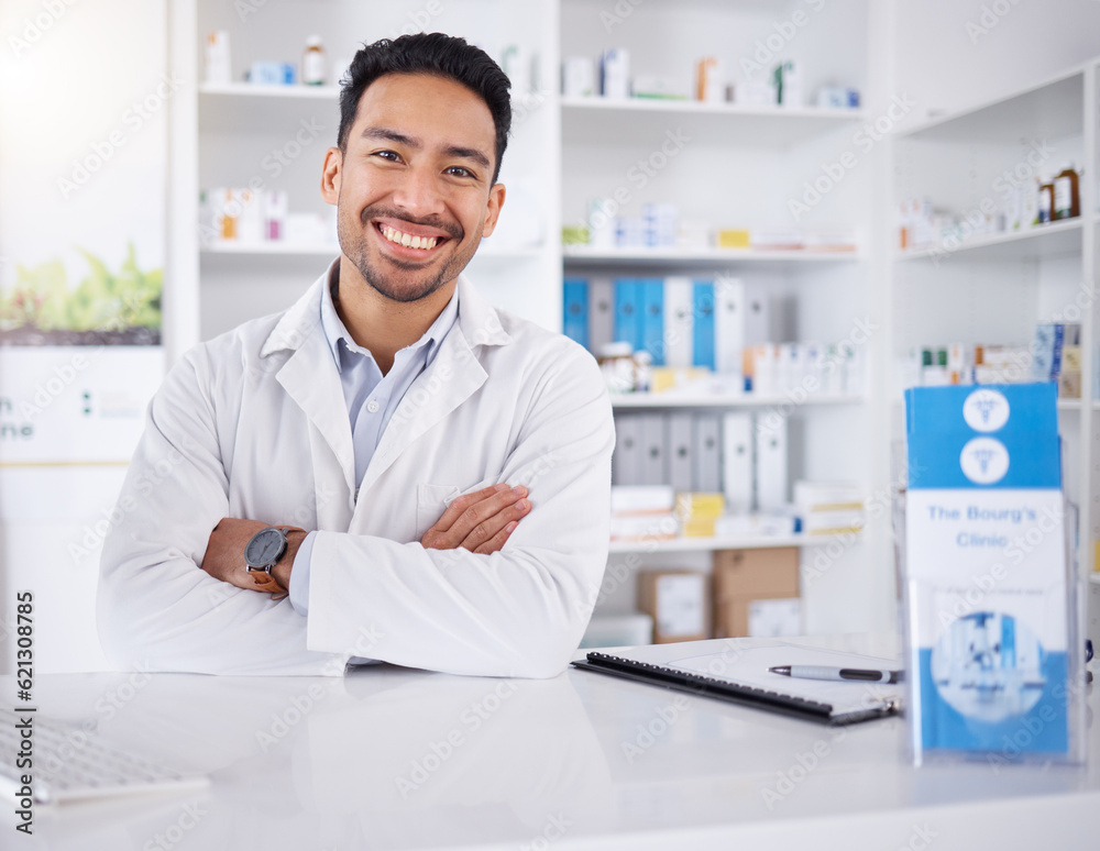 Asian man, portrait and pharmacist with arms crossed in pharmacy, drugstore or shop. Face, confidenc