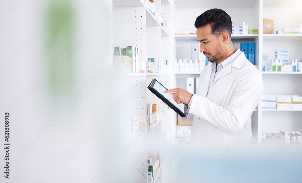 Pharmacist, medicine and Asian man with tablet to check inventory, stock or healthcare for online pr