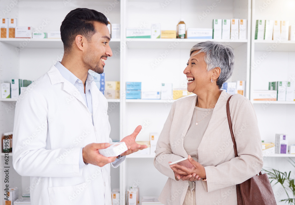 Pharmacist man, senior woman and talking with box, phone or funny in store for prescription, health 