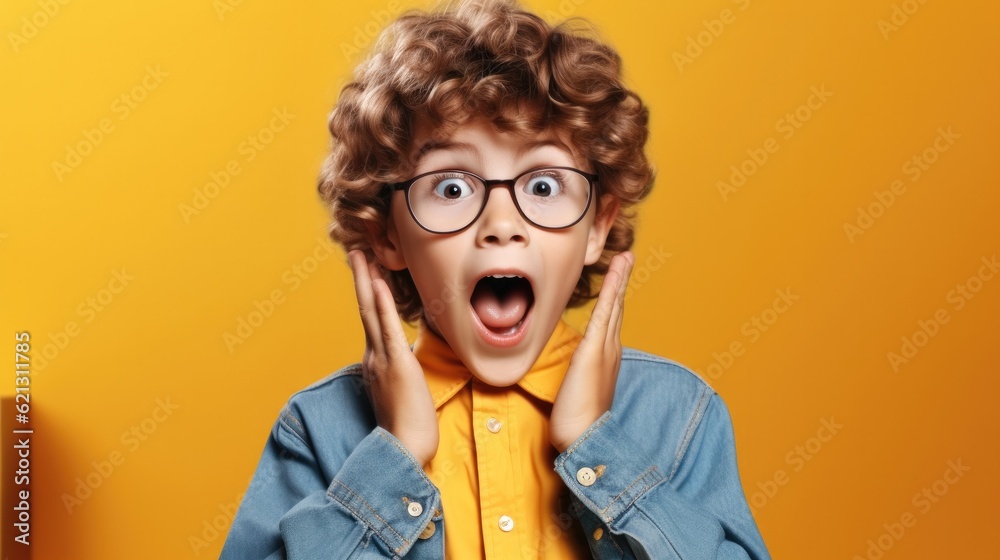 Shocked caucasian little boy  keeping hands near cheek and looking away with open mouth against yell