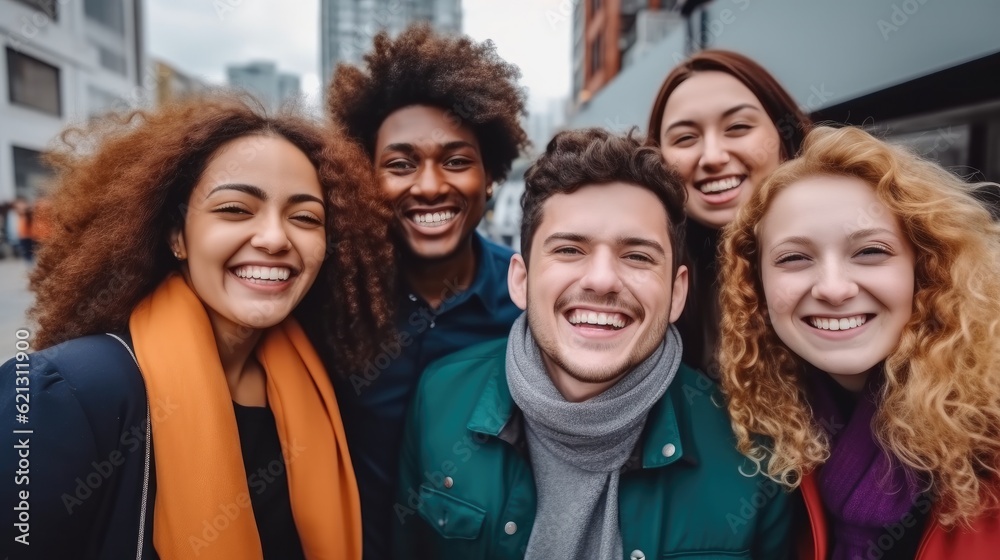 Multiracial happy group of friends having fun at outdoors in the city, Best friends enjoying time to