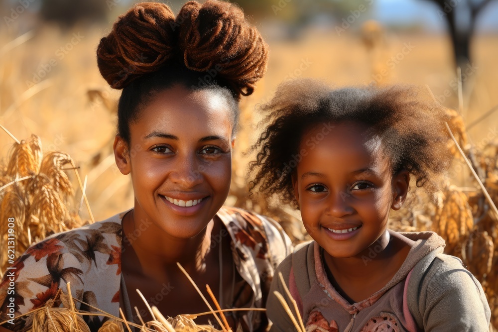 Portrait of happy African mother and daughters having fun at outdoor