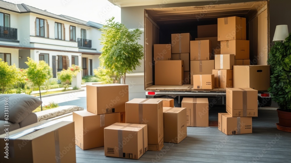 Boxes waiting to be moved into a new home, Moving house day and real estate concept.