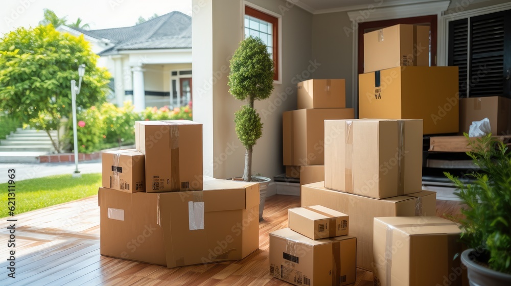 Full of boxes waiting to be unpacked on moving day, Moving house day and real estate concept, Boxes 