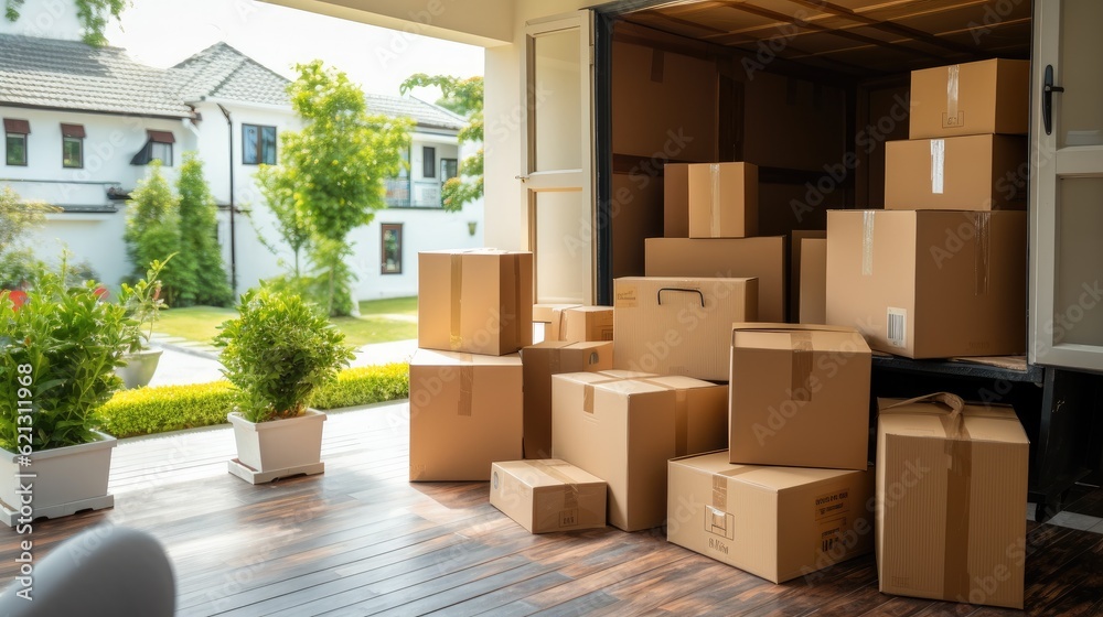 Boxes waiting to be moved into a new home, Moving house day and real estate concept.