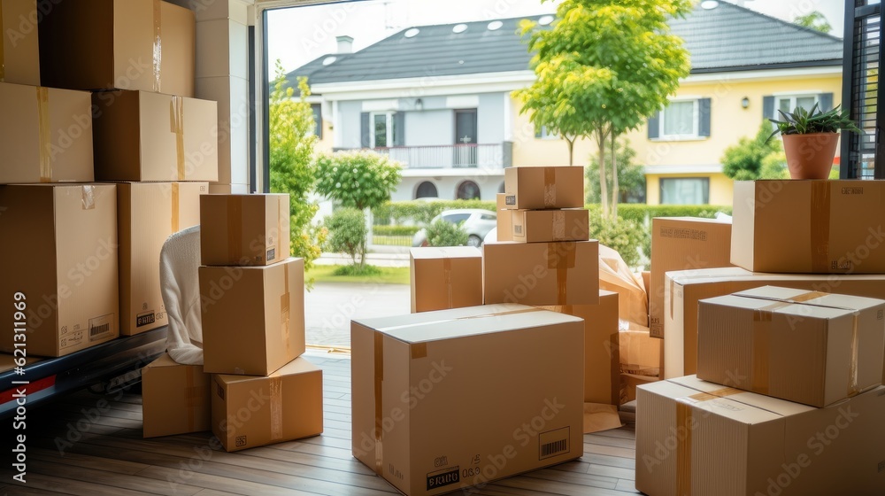 Boxes waiting to be moved into a new home, Moving house day and real estate concept.