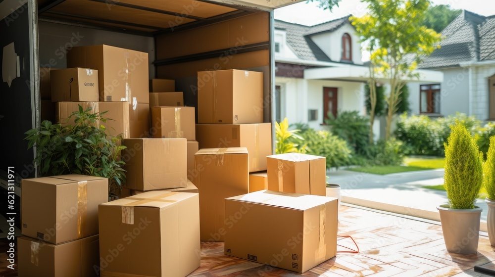 Boxes waiting to be moved into a new home, Moving house day and real estate concept.