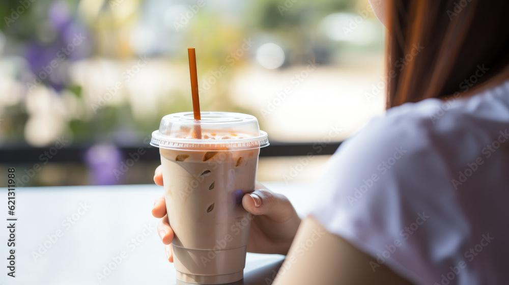 Happy woman holding cup of coffee sitting in cafe, Coffee break concept.